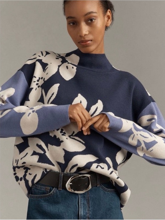 Maeve Sweaters - Maeve Anthropologie Carys Mock Neck Sweater Colorblock Purple Floral Medium
